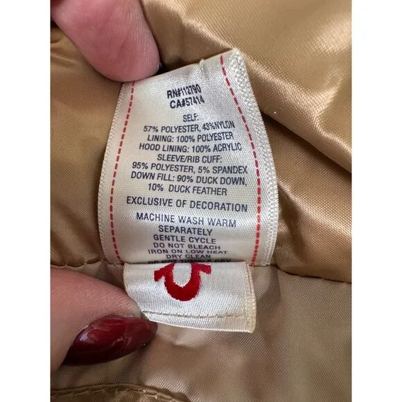 Quilted Gold Puff Jacket W/Hood Womens L True Religion Down & Feather Fill - Picture 5 of 16